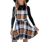 CUPSHE Women's Mini Pinafore Dress Square Neck Plaid Print Cross Back Sleeveless Overall Short A-Line Casual Dress Khaki Plaid M