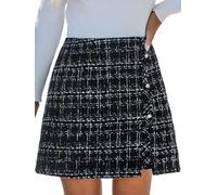 CUPSHE Women's Mini Skirt Elegant Checkered Woven Short Skirt Plaid with Side Buttons Versatile Chic Ladies Skirts, Black, L