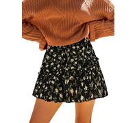 CUPSHE Women's Mini Skirt Ruffled Ditsy Floral Print Elastic High Waist Tie A-Line Short Casual Skirt Black XL