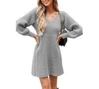 CUPSHE Women's Mini Sweater Dress V Neck Honeycomb Long Sleeve Textured Casual Knit Pullover Jumper Dresse Dusty Grey M