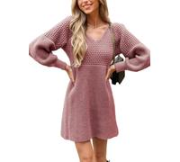 CUPSHE Women's Mini Sweater Dress V Neck Honeycomb Long Sleeve Textured Casual Knit Pullover Jumper Dresse Dusty Rose XL
