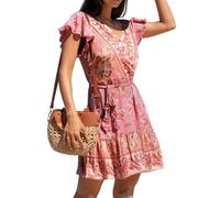 CUPSHE Women's Mini Wrap Dress Boho Short Flutter Sleeve Casual Dress V Neck Print Belted Summer A-Line Dress Pink Floral L