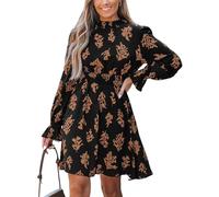 CUPSHE Women's Mock Neck Floral Mini Fall Dress Long Ruffle Sleeve Elastic Waist Smocked Casual Flowying Autumn Dresses Black Floral M