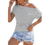 CUPSHE Womens Off Shoulder Top Striped Boat Neck T-Shirt Batwing Short Sleeve Ruched Blouse High Stretch Summer Going Out Tops for Holiday Party Black & White M