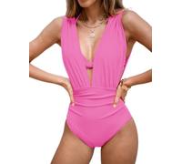 CUPSHE Women's One Piece Swimsuit Halter Plunging Neck Bathing Suit Wide Straps Underwire Ruched Back Hook, Bubblegum Pink, Large