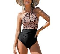 CUPSHE Women's One Piece Swimsuit High Neck Beach Swimwear Ruched Tummy Control Bathing Suit Swimming Costume Black/Leopard Print L