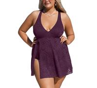 CUPSHE Women's One Piece Swimsuit Plus Size Swimming Costume Swim Dress Cross Back Mesh Hollow Out Split Leaf Texture Swimwear BlackBerry Wine M-00X