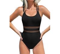 CUPSHE Women's One Piece Swimsuit Scoop Neck Bathing Suit Double Straps Crisscross Back Adjustable Self Tie Textured Swimwear Swimming Costume Black M