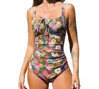 CUPSHE Women's One Piece Swimsuit Square Neck Swimwear Back Cut Out Drawstring Self Tie Back Hook Swimming Costume Green/Red Floral L