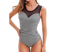 CUPSHE Women's One Piece Swimsuit Tummy Control High Neck Mesh Panel Bathing Suit Sexy Cutout Back Hook Ruched Black/White Geo XL