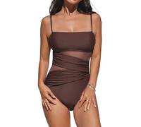 CUPSHE Women's One Piece Swimsuit Tummy Control Slimming Mesh Square Neck Adjustable Straps Bathing Suit Swimwear Chocolate Brown M