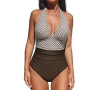 CUPSHE Women's One Piece Swimsuit Tummy Control Swimming Costume Halter V Neck Ruched Swimwear Back Tie Plus Size Swimwear Dark Brown/Gingham S