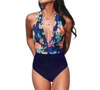 CUPSHE Women's One Piece Swimsuit Tummy Control Swimming Costume Halter V Neck Ruched Swimwear Back Tie Plus Size Swimwear Navy Blue/Floral XL