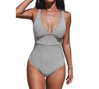 CUPSHE Women's One Piece Swimsuit Tummy Control Swimming Costume Wide Straps V Neck Ruched Textured Ribbed U Back Black/Striped S