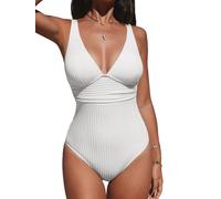 CUPSHE Women's One Piece Swimsuit Tummy Control Swimming Costume Wide Straps V Neck Ruched Textured Ribbed U Back White S