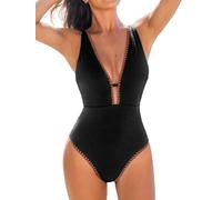 CUPSHE Women's One Piece Swimsuit Tummy Control V Neck Cutout Bathing Suit Crisscross Back Textured Cheeky Bottom Black XL