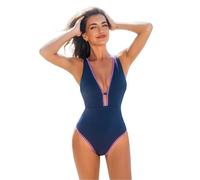 CUPSHE Women's One Piece Swimsuit Tummy Control V Neck Cutout Bathing Suit Crisscross Back Textured Cheeky Bottom Navy Blue S
