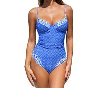 CUPSHE Women's One Piece Swimsuit V Neck Color Block Underwire Push Up Ruching Tummy Control Back Cutout Retro Textured Blue/Geo L