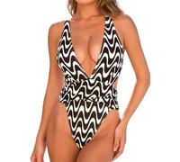 CUPSHE Women's One Piece Swimsuit V Neck Color Block Underwire Push Up Ruching Tummy Control Back Cutout Retro Textured Wave Stripe S