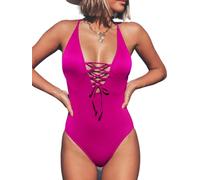 CUPSHE Women's One Piece Swimsuit V Neck Lace Up Beach Swimwear Solid Textured Bathing Suit Swimming Costume Magenta XL