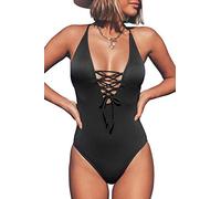 CUPSHE Women's One Piece Swimsuit V Neck Lace Up Beach Swimwear Solid Textured Bathing Suit Swimming Costume Black L