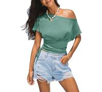 CUPSHE Women's One Shoulder Tops Short Sleeve Ruched Waist Side Drawstring Ribbed Knit T-Shirt Slim Fit Blouse Tee Summer Casual Holiday Blouse Sage Green M