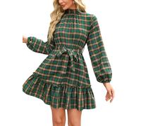 CUPSHE Women's Plaid Fall Dress Stand Collar Long Sleeve Back Tie Cutout Waist Lace Up Belted Ruffled Hem Mini Dresses Green S