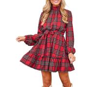 CUPSHE Women's Plaid Fall Dress Stand Collar Long Sleeve Back Tie Cutout Waist Lace Up Belted Ruffled Hem Mini Dresses Red M