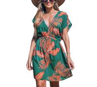 CUPSHE Women's Plunge V Neck Elastic Waisted Cover Up Set Split Short Sleeve Pull Over Mid Length Skirt Orange Leaf XS