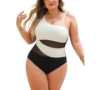 CUPSHE Women's Plus Size Swimsuit One Piece Mesh Tummy Control Swimming Costume Removable Straps Swimwear Bathing Suit Black/White XXL-2X