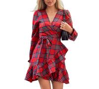 CUPSHE Women's Red Plaid Fall Dress V Neck Ruffle Cuff Long Blouson Sleeve Wrap with Side Tie Casual Mini Autumn Dresses Red XL