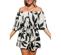 CUPSHE Women's Romper Tropical Off Shoulder Half Sleeve Jumpsuit Wide Leg Belted Summer Casual Overall