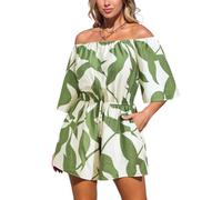 CUPSHE Women's Romper Tropical Off Shoulder Half Sleeve Jumpsuit Wide Leg Belted Summer Casual Overall
