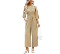 CUPSHE Women's Romper Woven Square Neck 3/4 Sleeves Smocked Waist Straight Leg Jumpsuit Outfit Casual, XL