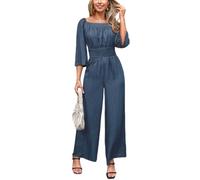 CUPSHE Women's Romper Woven Square Neck 3/4 Sleeves Smocked Waist Straight Leg Jumpsuit Outfit Casual