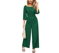 CUPSHE Women's Romper Woven Square Neck 3/4 Sleeves Smocked Waist Straight Leg Jumpsuit Outfit Casual