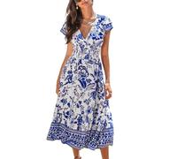 CUPSHE Women's Summer Dress Casual V Neck Floral Smocked Cap Sleeve Ruffled Vacation Midi Dress Blue Floral L