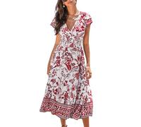 CUPSHE Women's Summer Dress Casual V Neck Floral Smocked Cap Sleeve Ruffled Vacation Midi Dress Red Floral M