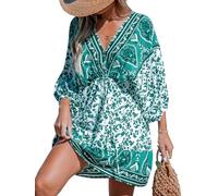 CUPSHE Women's Summer Dress Plunging V Neck Floral Backless Beach Dress Short Dolman Sleeve Back Tie Waist Tie Mini A-Line Dresse Green Paisley L