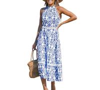 CUPSHE Women's Summer Dress Sleeveless Halter Neck Backless Cutout Waist Beach Boho Long Dress Blue Paisley S