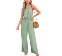 CUPSHE Women's Summer Jumpsuit Cross Collar Sleeveless Smocked Waist Long Wide Leg Outfit Casual Overall Sage Green M