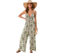 CUPSHE Women's Summer Jumpsuit Paisley V Neck Spaghetti Strap Wide Leg Overall Smocked Waist Boho Beach Vacation Playsuit Green M