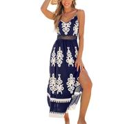 CUPSHE Women's Summer Maxi Dress V Neck Paisley Slit Cami Long Dress Beach Sundress Navy Blue