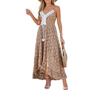 CUPSHE Women's Summer Slip Boho Maxi Dress Lace Up Tassel V-Neck Flare Ruffle Beach Dresses Brown M