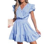 CUPSHE Women's Summer Striped Dress Flutter Cap Sleeve V Neck Smocked Ruffled Casual A Line Mini Dresses Blue Striped S