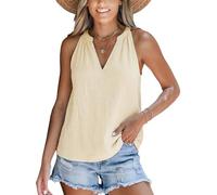 CUPSHE Womens Summer Tank Tops Cotton Sleeveless V-Neck Crinkle Textured Casual Loose Fit Tunic Shirts Beach Vacation Halte Tops Beige M
