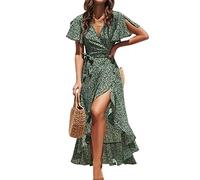 CUPSHE Women's Summer Wrap Maxi Dress - Casual Split Flared Sleeve V-Neck Ditsy Tie Waist Ruffle Beach Green S