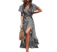 CUPSHE Women's Summer Wrap Maxi Dress - Casual Split Flared Sleeve V-Neck Ditsy Tie Waist Ruffle Beach Black Floral M