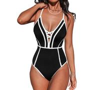 CUPSHE Women's Swimming Costume One Piece Swimsuit Plunging V Neck Crisscross Back Tie Slimming Sculpting Color Block Swimwear Black/White XS