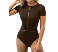 CUPSHE Women's Swimming Costume One Piece Swimsuit Short Sleeve Rash Guard UPF 50+ UV High Neck Zipper Swimwear Brick Red XS